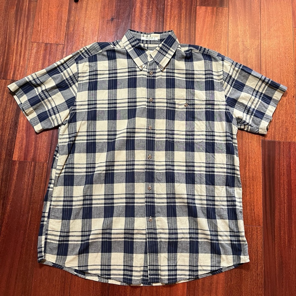 Orvis Shirt Mens XL Button Down Short Sleeve Light Blue Plaid 100% Cotton Preppy